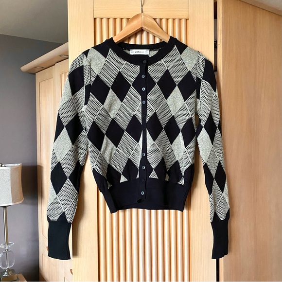 NEW Zara black gold metallic diamond argyle cardigan - Picture 4 of 8